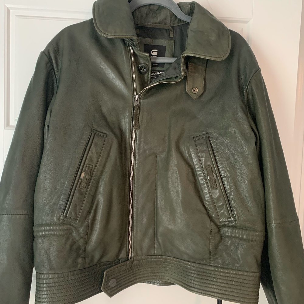 G STAR RAW Short Leather Zip Jacket Coat Combat Green  XL
